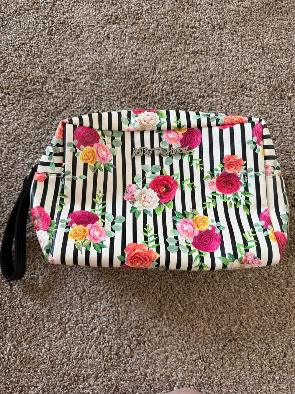 BETSEY JOHNSON Black & White Stripe Pink Floral Large Pouch Double ZipTravel Bag